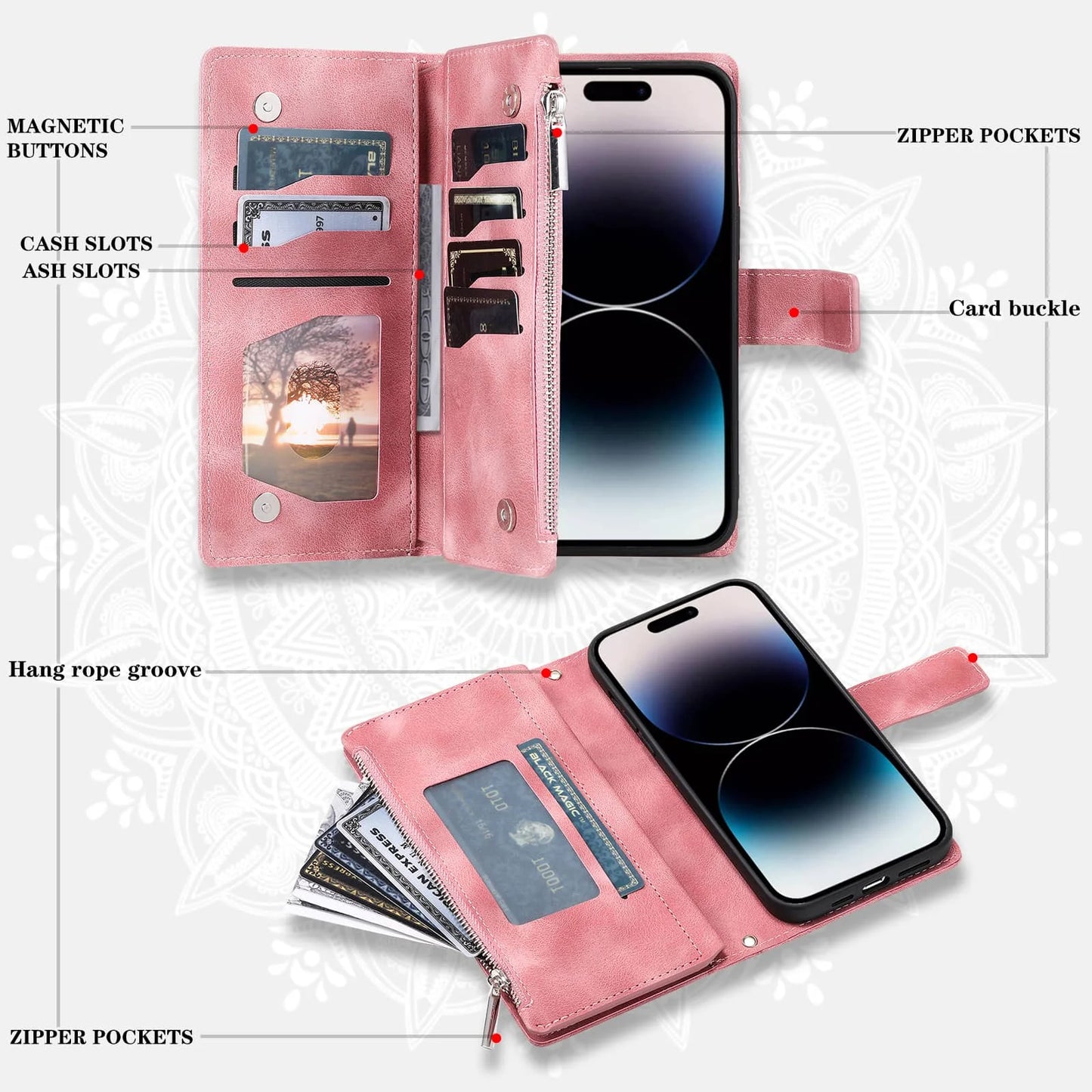 iPhone Wallet Case With Zipper Card Holder And Strap