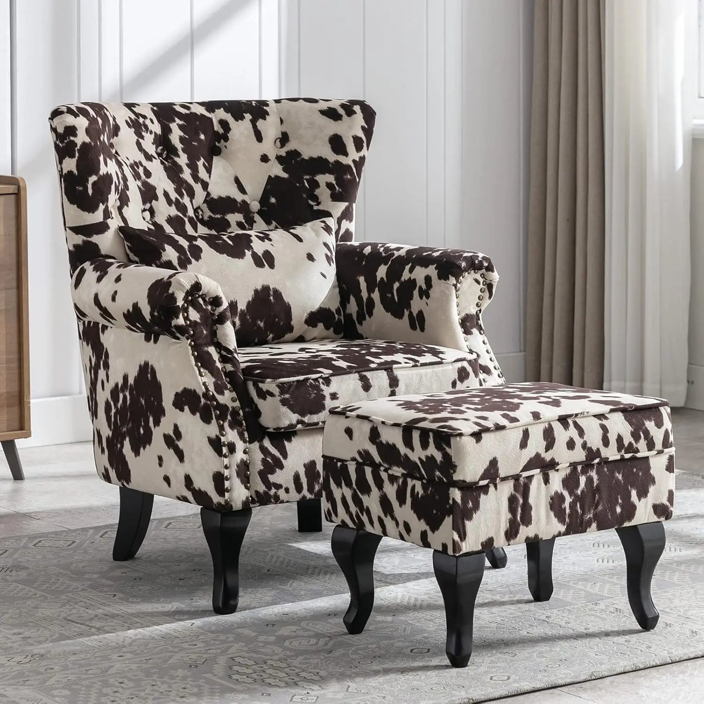 Mid Century Linen Wingback Armchair With Tufted Back