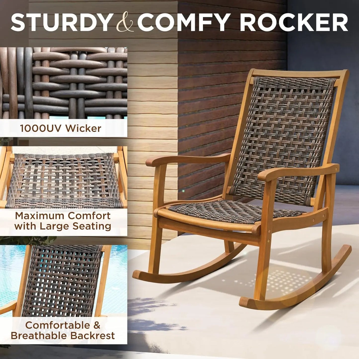 Durable Eucalyptus Wood Rocking Chair With Wicker Comfort For Patio
