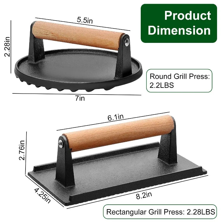 Two Pack Cast Iron Grill Press With Wood Handle Preseasoned