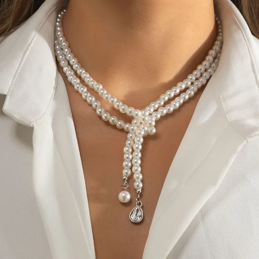 Ladies Pearl Gem Water Drop Pendant Beaded Necklace