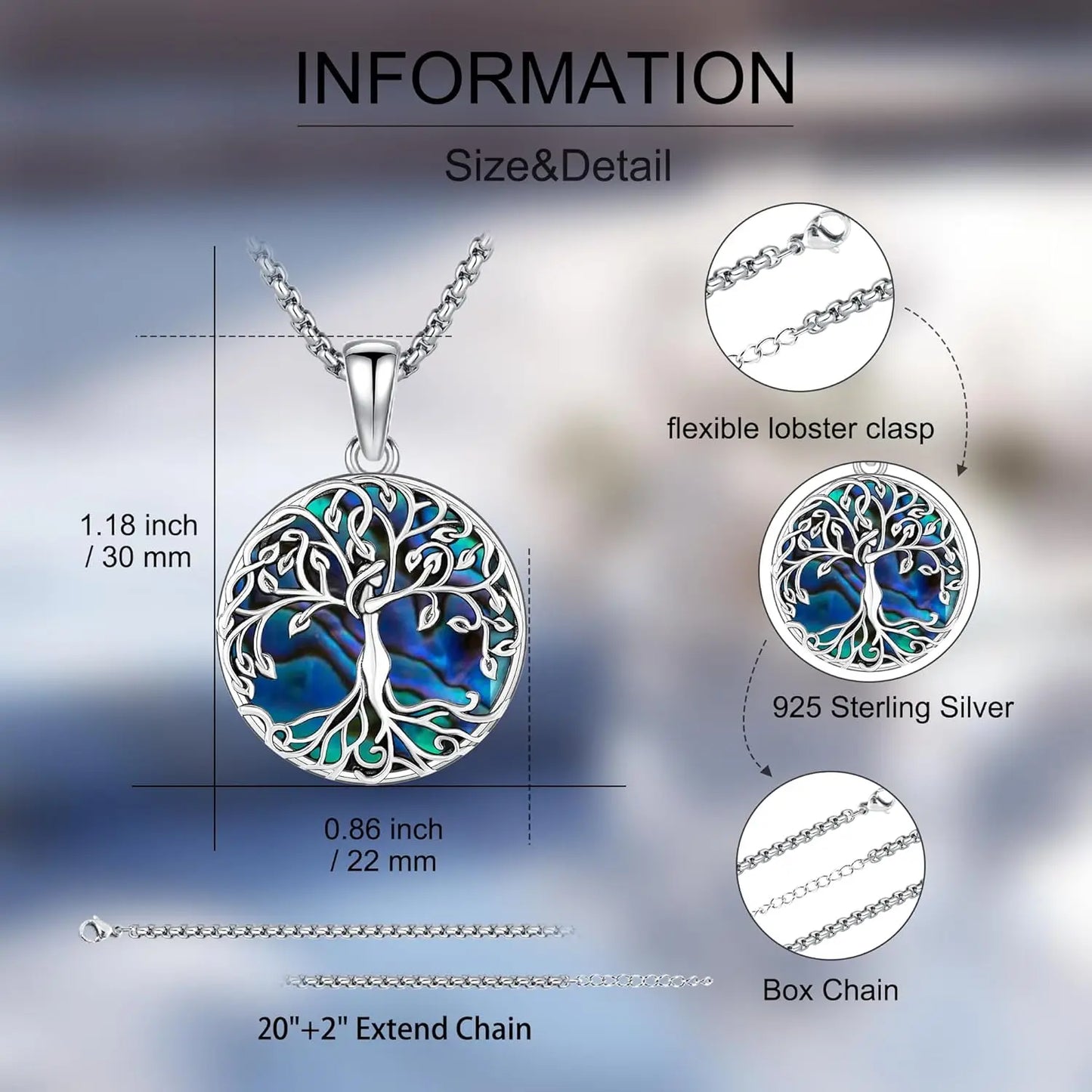 Tree of Life Necklace 925 Sterling Silver Tree of Life Abalone Shell Jewelry Gifts for Women Men Birthday Christmas Holiday