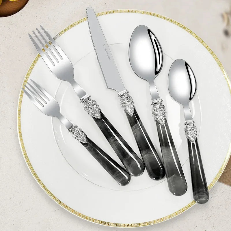 YIJIANDNEW Marble Pattern Handle Stainless Steel Flatware Set