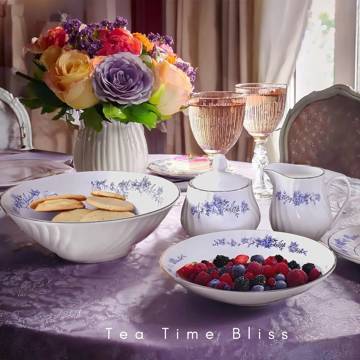 Paradise Royal Floral Dinnerware Set Embossed Swirl Pattern