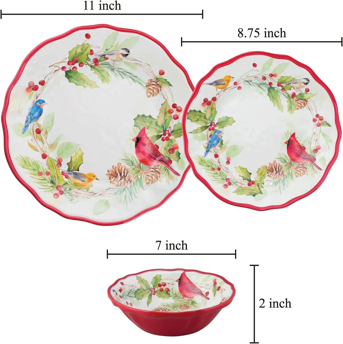 Winter Birds Melamine Dinnerware Set For OutdoorLiving Dining Festive Celebrations