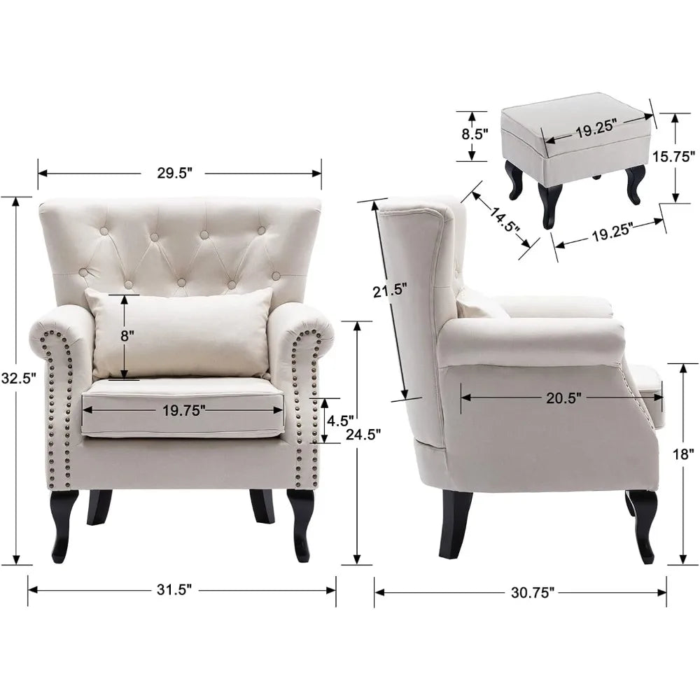 Mid Century Linen Wingback Armchair With Tufted Back