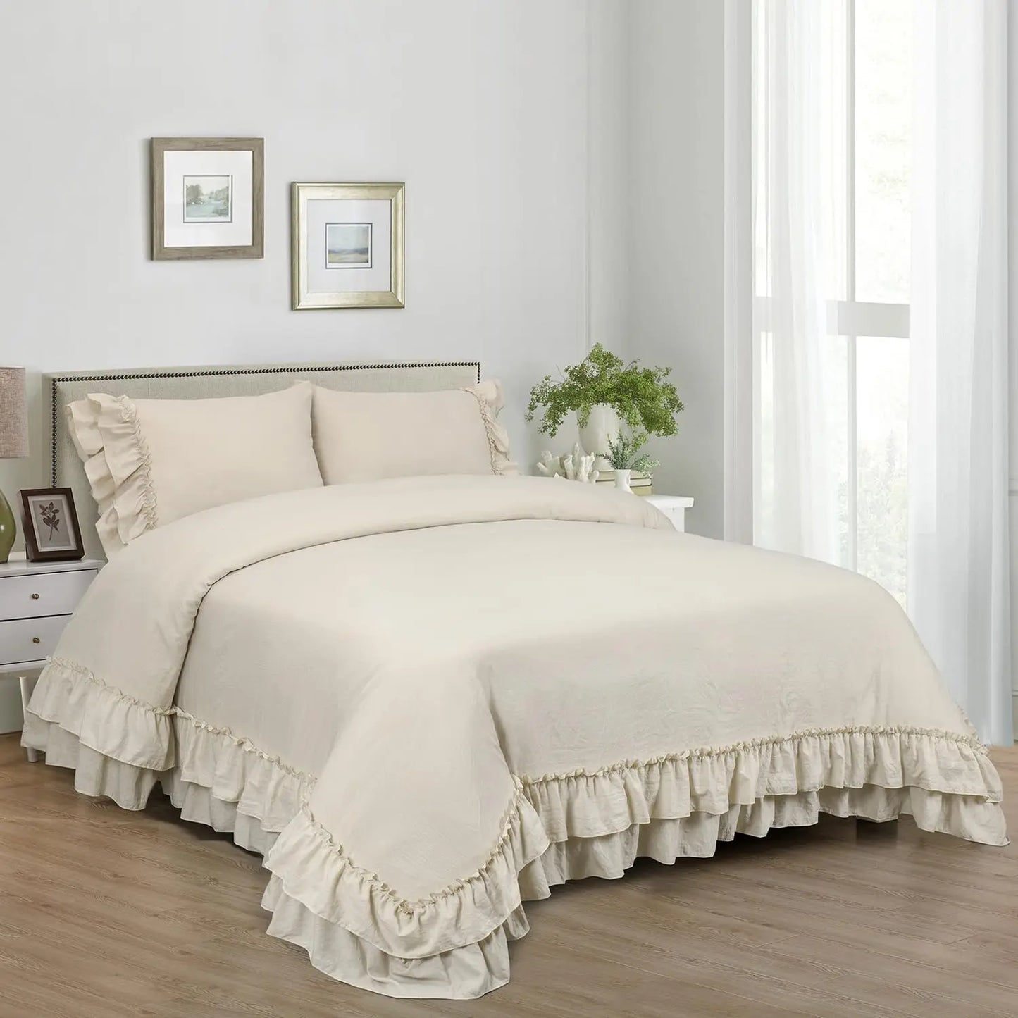 3 Piece Ruffled Duvet Cover Set Queen Farmhouse Ruffle Comforter Set Cozy Microfiber Bedding Set with 1 Ruffle Comforter and 2 Pillowcases
