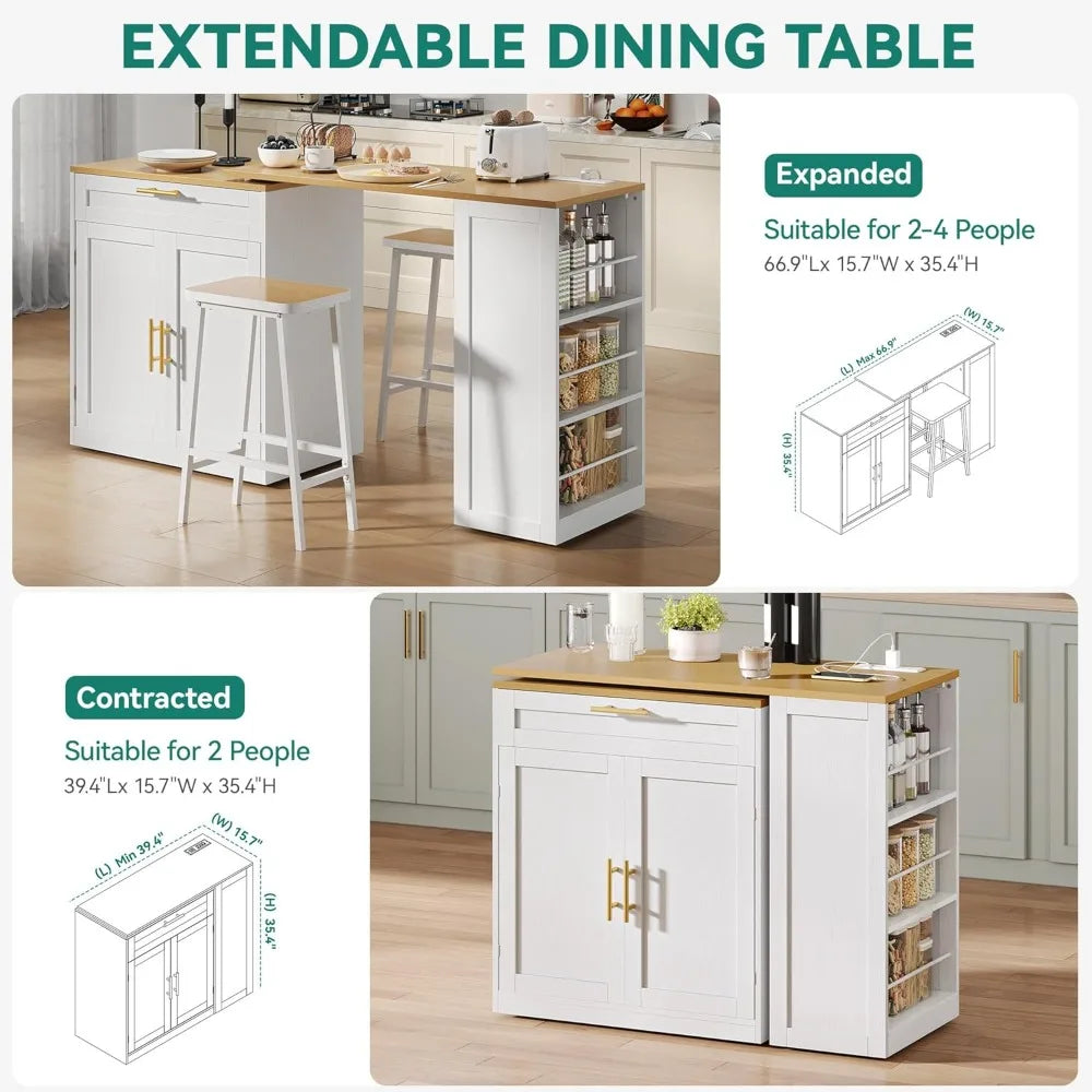 Modern Kitchen Island With Extendable Dining Table And Rolling Storage