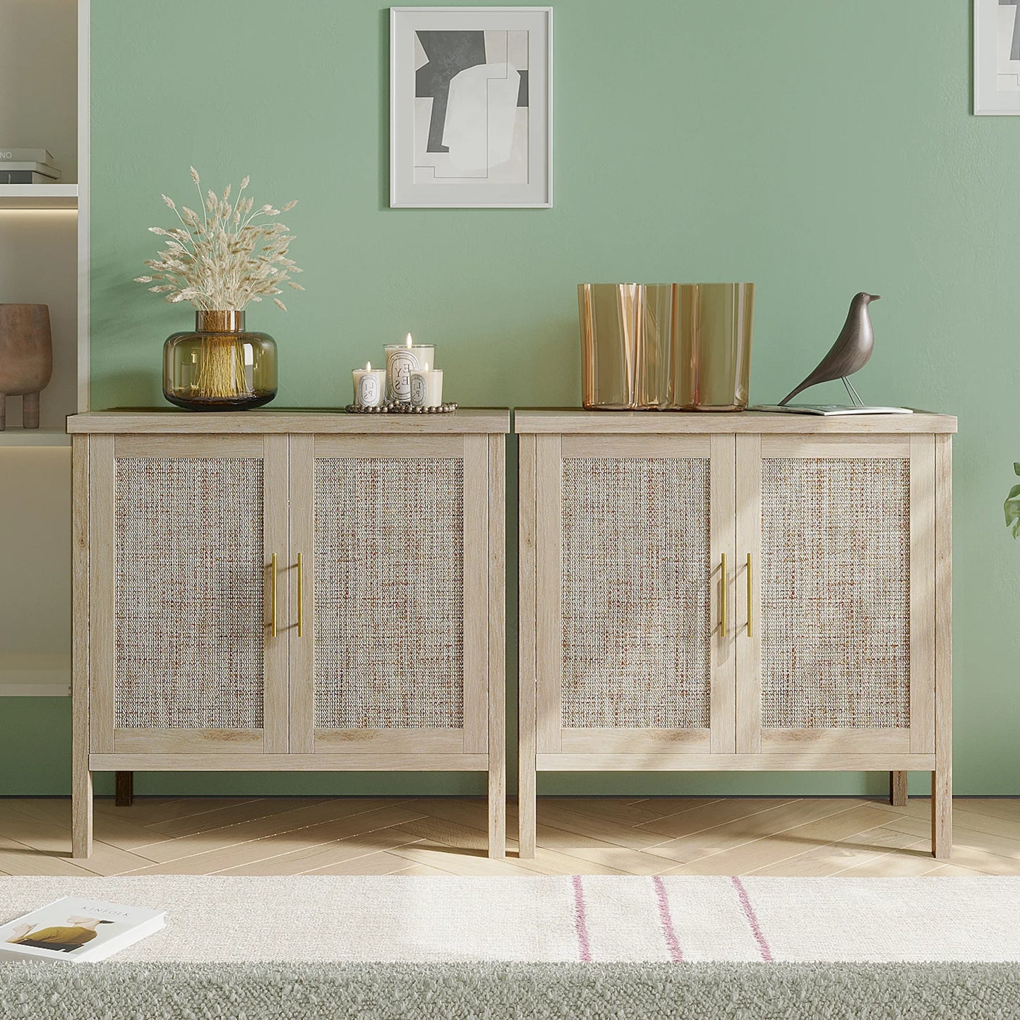 Rattan Storage Buffet Sideboard With Decorated Doors For Living Room