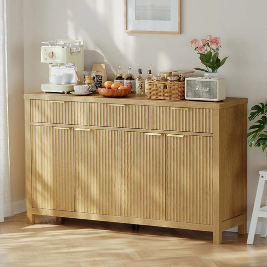Fluted Buffet Sideboard With Drawers For Home Bar Storage