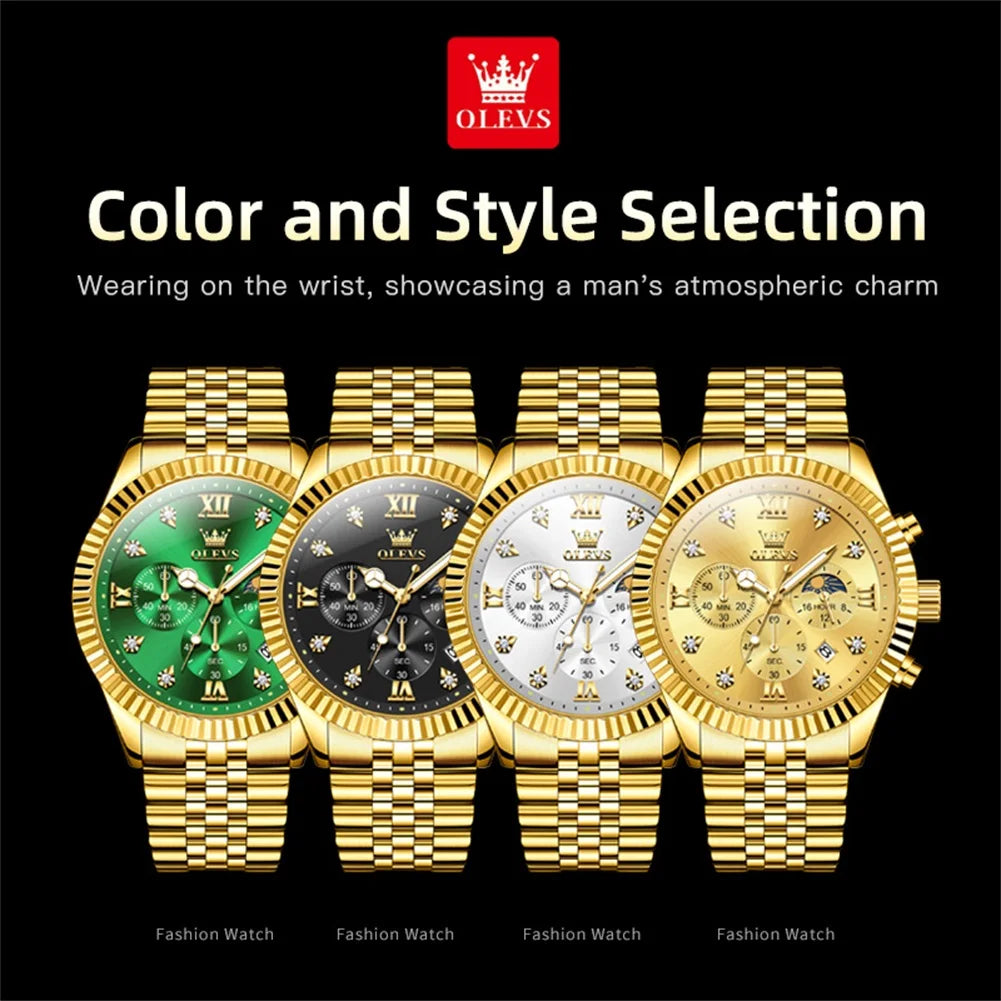 OLEVS Mens Luxury Calendar Quartz Watch with Moon Phase Feature