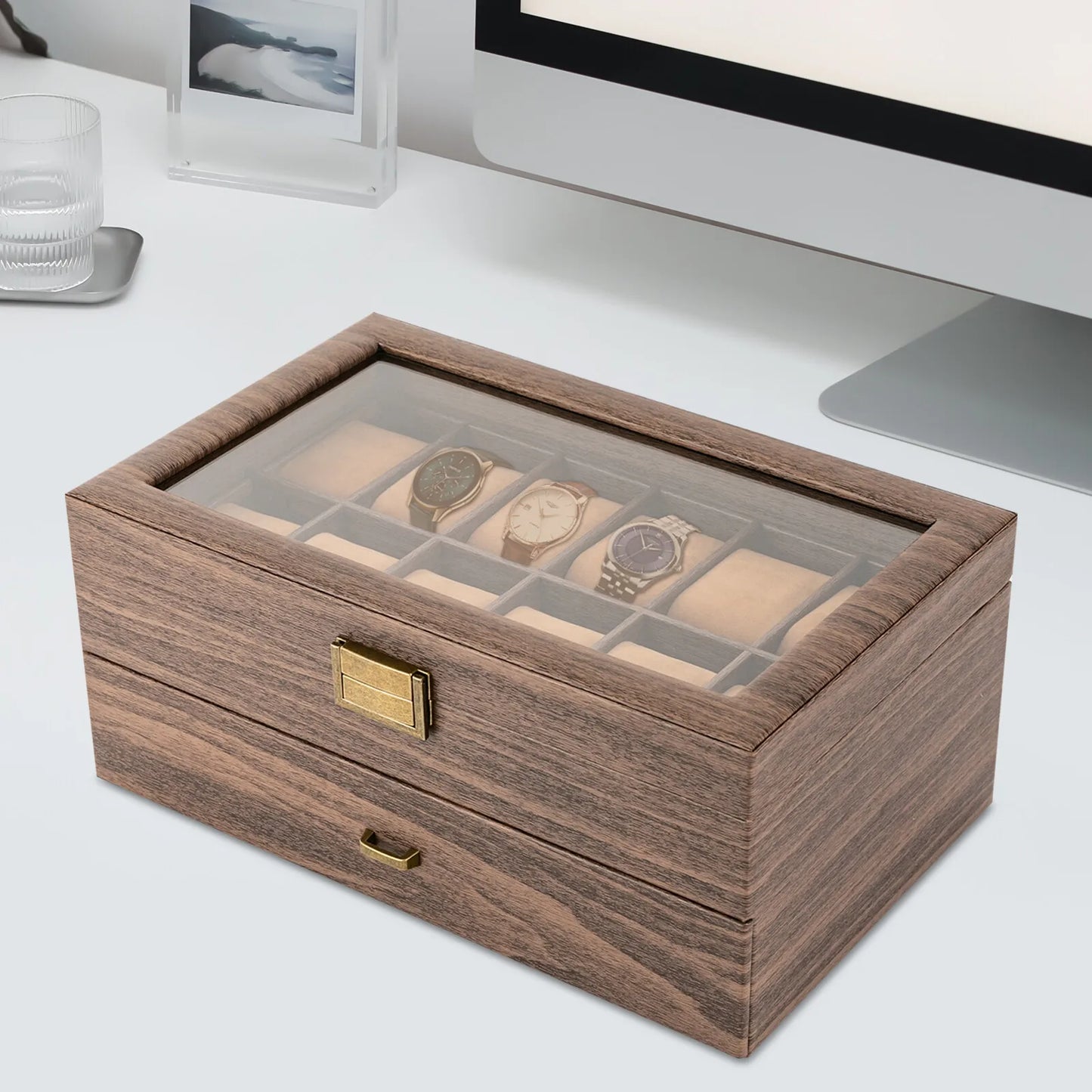 Luxurious 24 Watch Showcase Cabinet Featuring Handcrafted Premium Hardwood Grain
