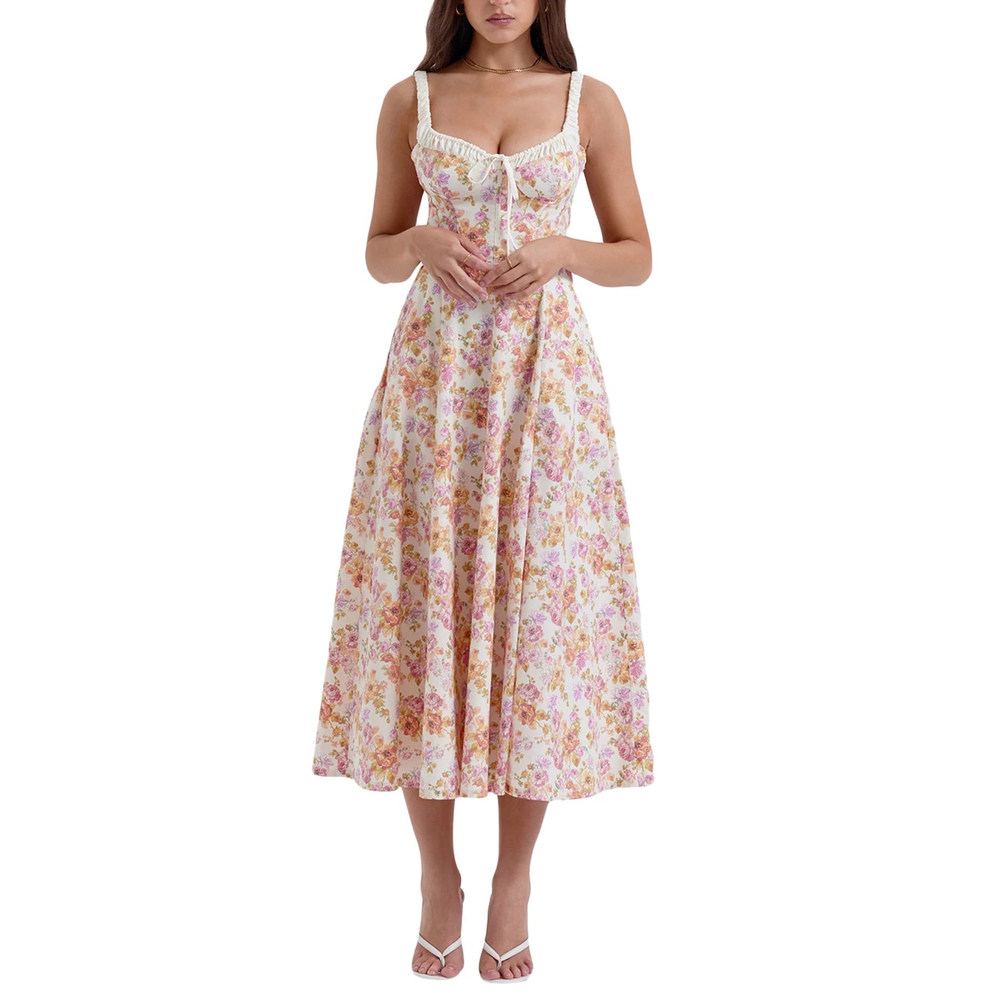 Women Summer Casual Midi Dress Floral Print Low Cut Sleeveless Sling Backless Fashion Dress