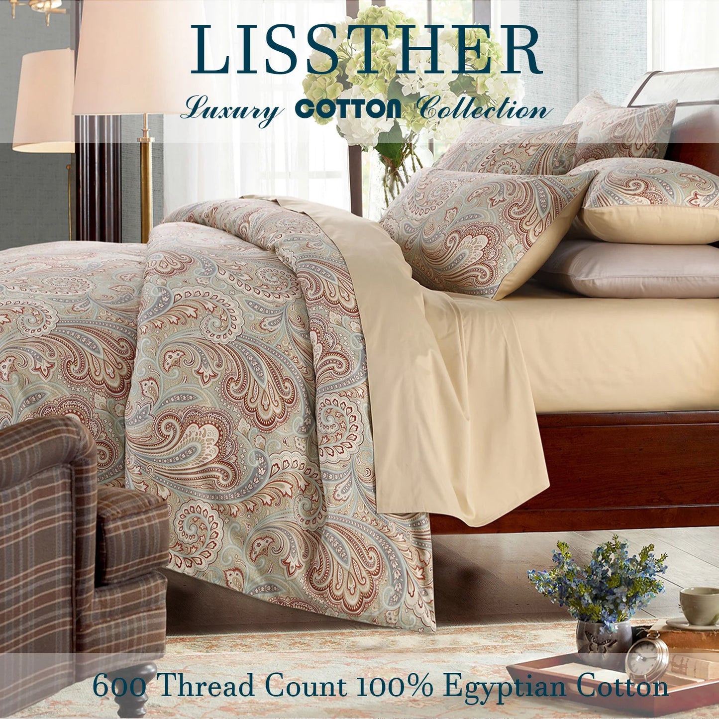 3 Piece 600TC 100 Percent Egyptian Cotton Duvet Cover Set Luxury Vintage Boho Paisley Bedding No Inserts