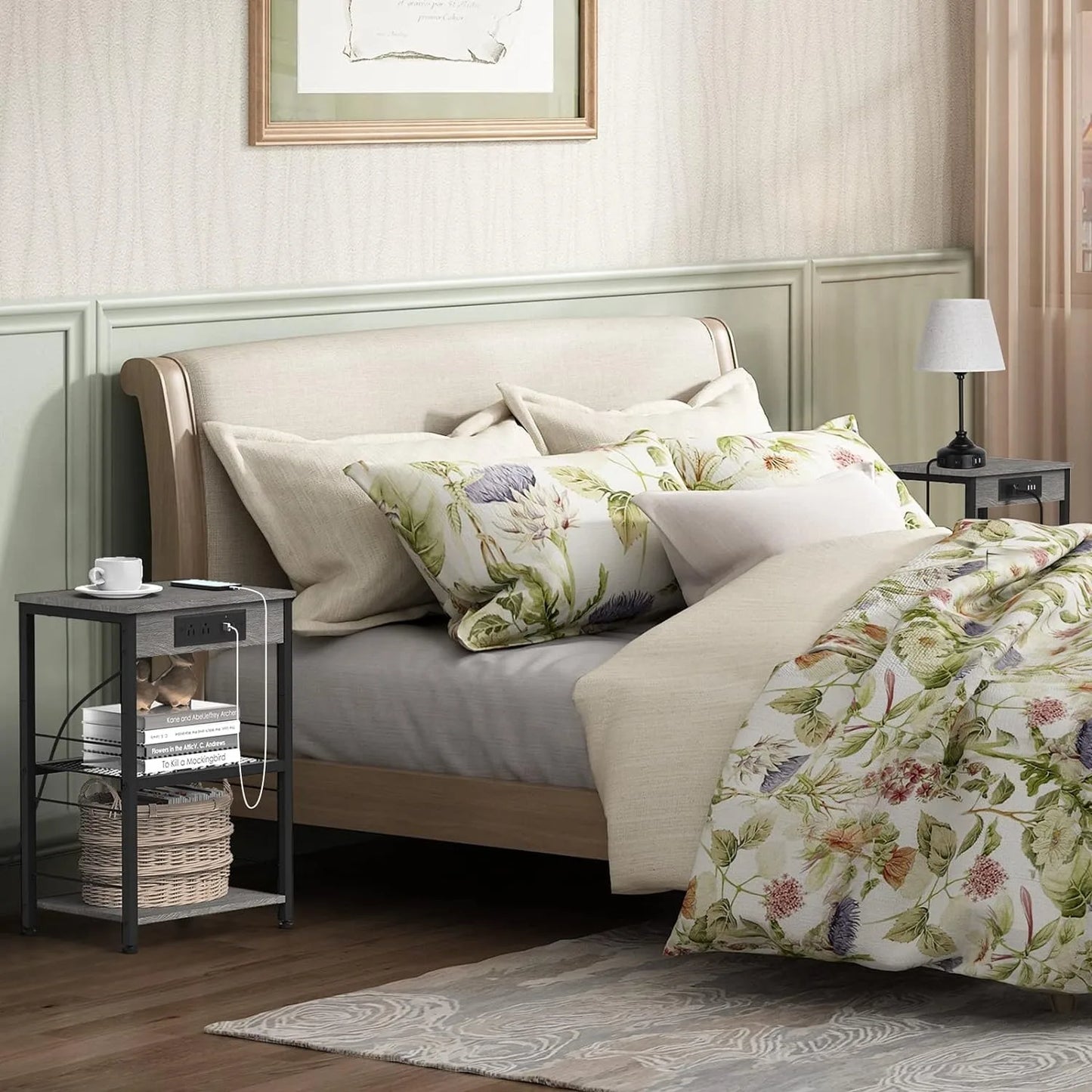 Bedside Table With Three Tier Charging Station And Storage Rack