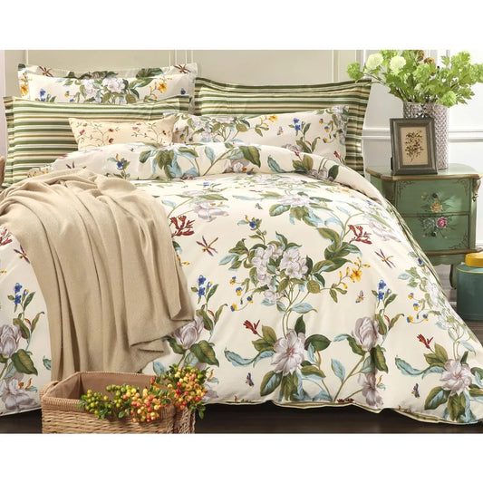 LuxuriouslySoftCottonWeave Striped Floral Duvet Cover Set Reversible Summer Bedding