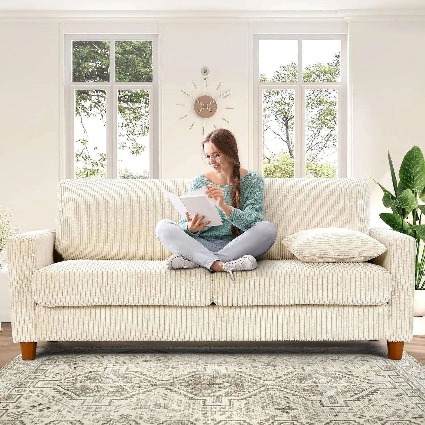 Corduroy L Shaped Sofa For Living Room No Tool Assembly