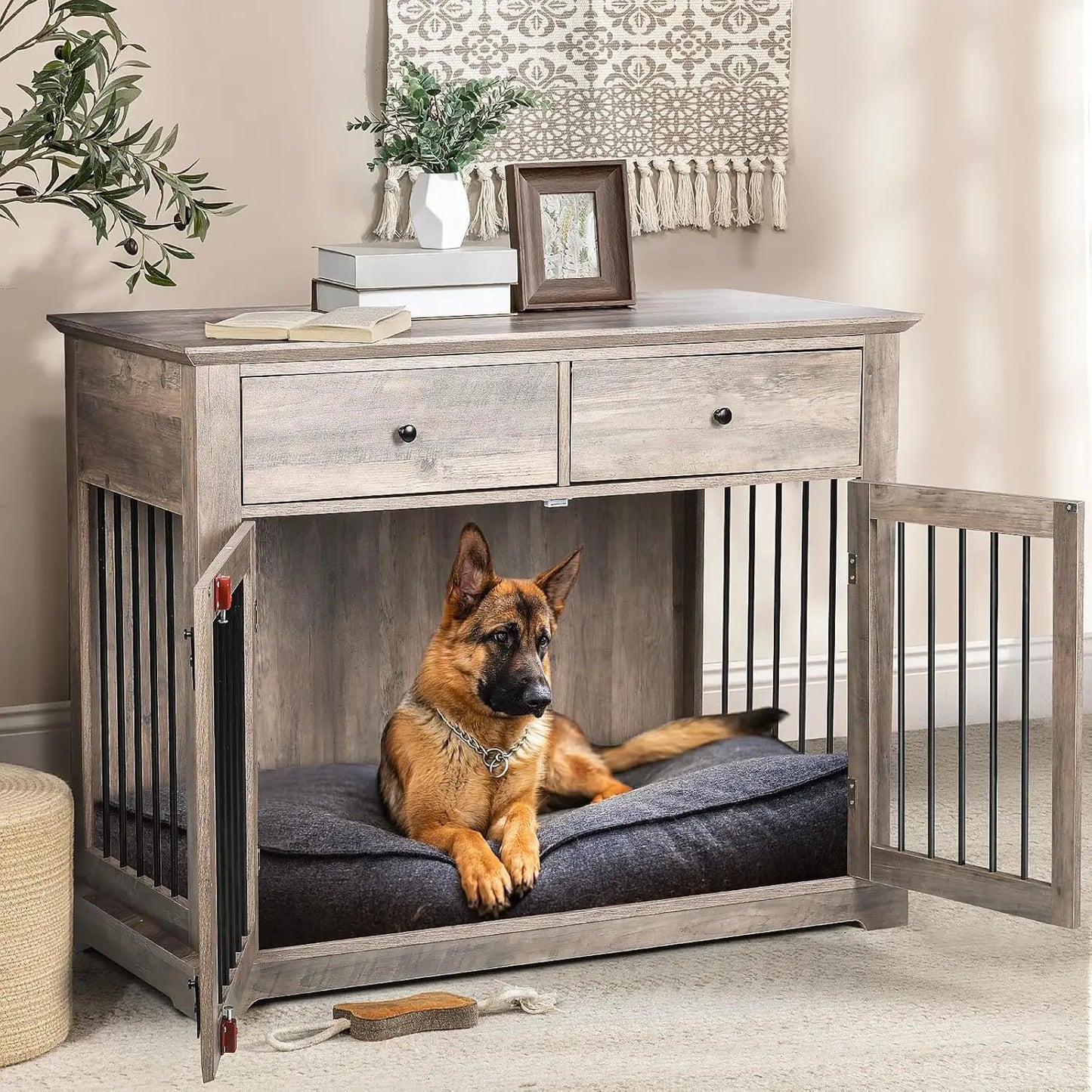 Wooden Dog Crate End Table With Storage Drawers Decorative