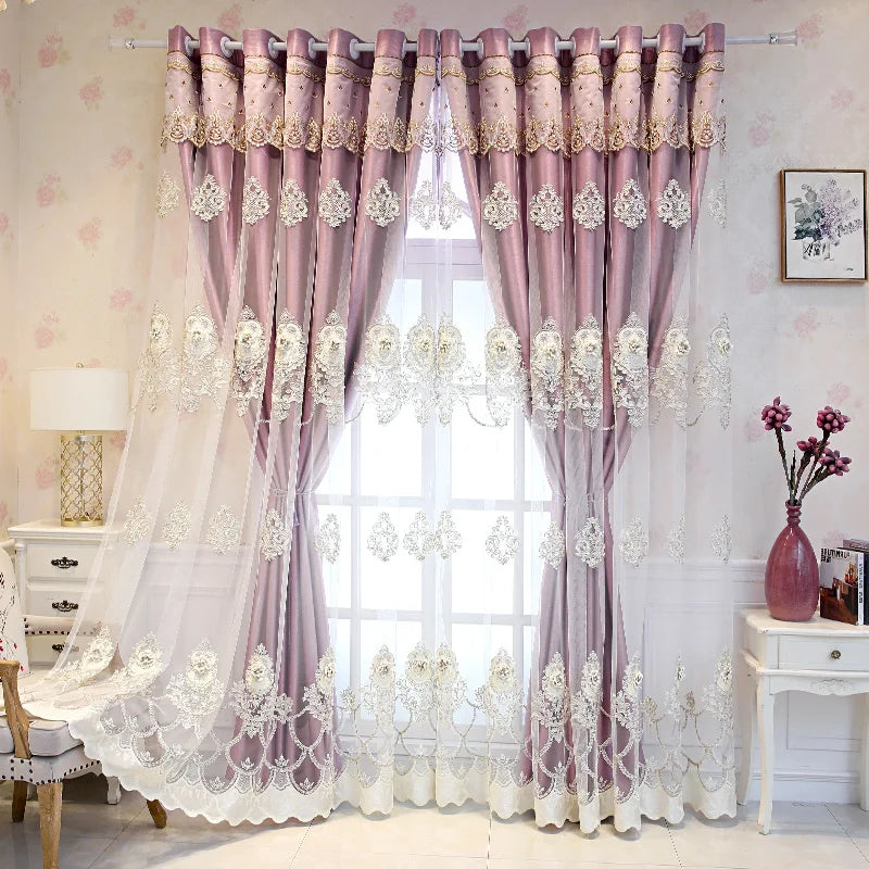 Elegant Double Layer Curtains With 3D Embroidered Detailing