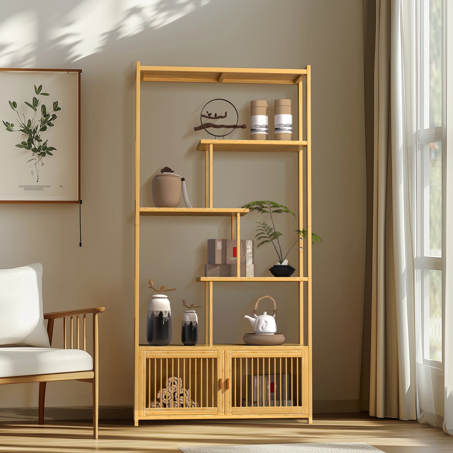 Bamboo 6 Tier Bookshelf With Cabinet Storage Rack Living Room