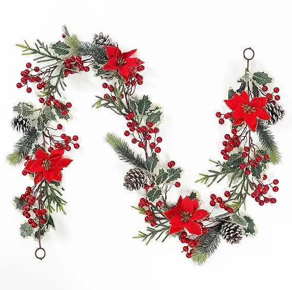 Berry Christmas Garland With Pine Cones Poinsettia And Holly