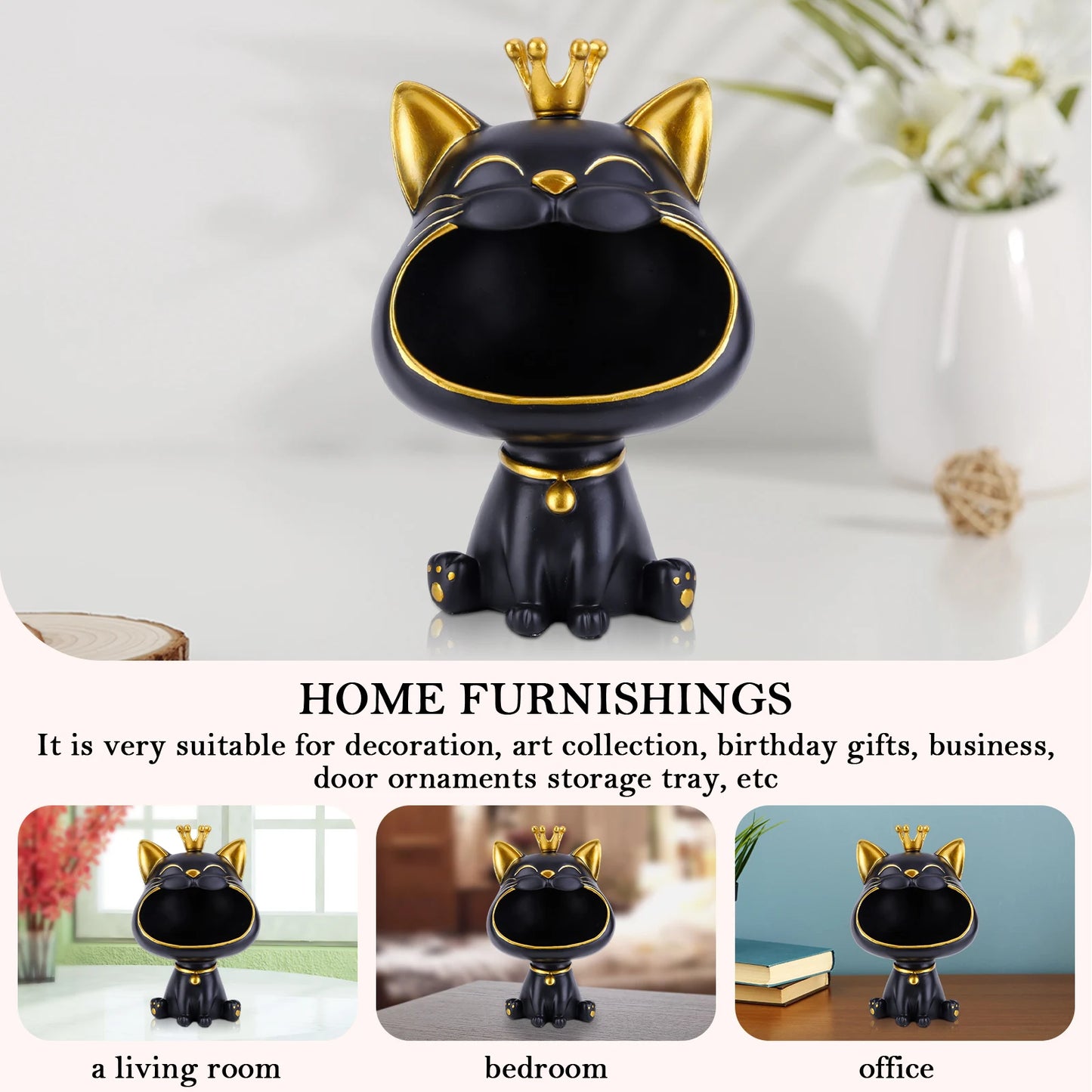 Laughing Cat Resin Statue Lucky Cat Desktop Storage Figurine
