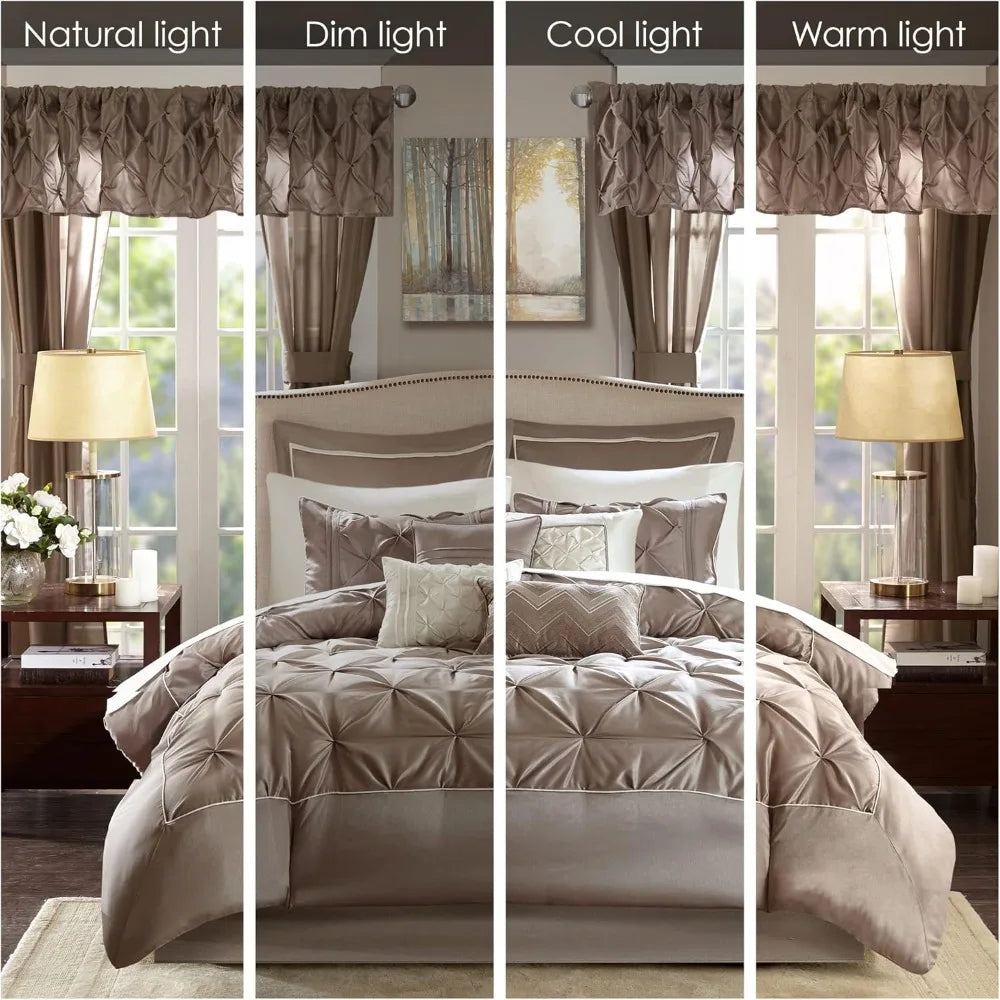 Madison Park Essentials Luxe Diamond Tufting Faux Silk Comforter Set With Matching Curtains And Decorative Accessories