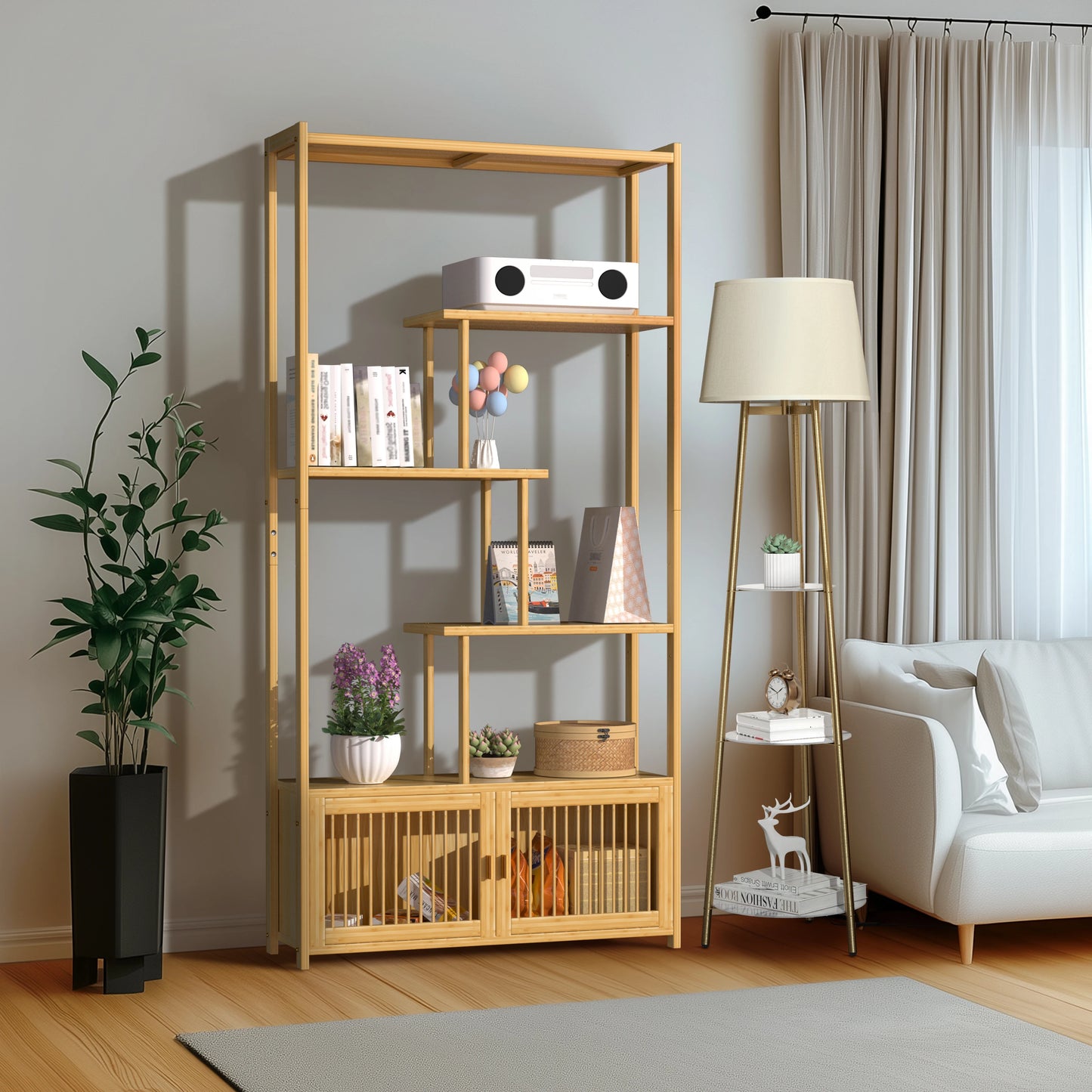 Bamboo 6 Tier Bookshelf With Cabinet Storage Rack Living Room