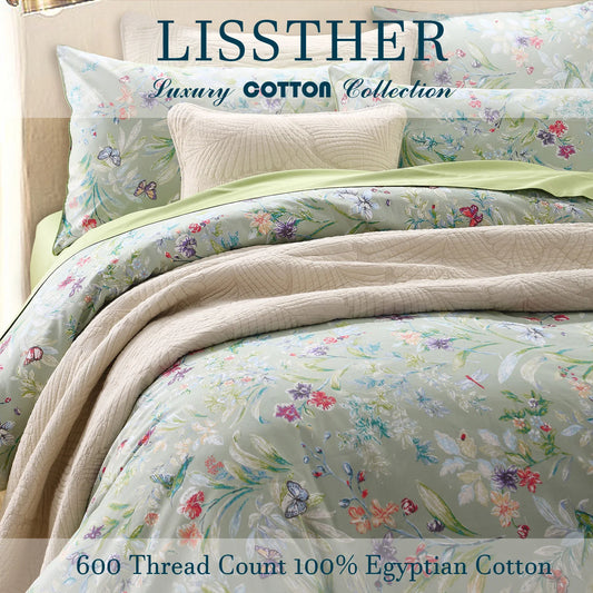 LISSTHERCN Egyptian Cotton Duvet Cover Set Vintage Butterfly Botanical Floral