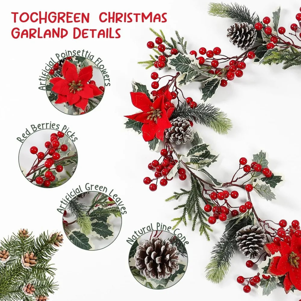 Berry Christmas Garland With Pine Cones Poinsettia And Holly