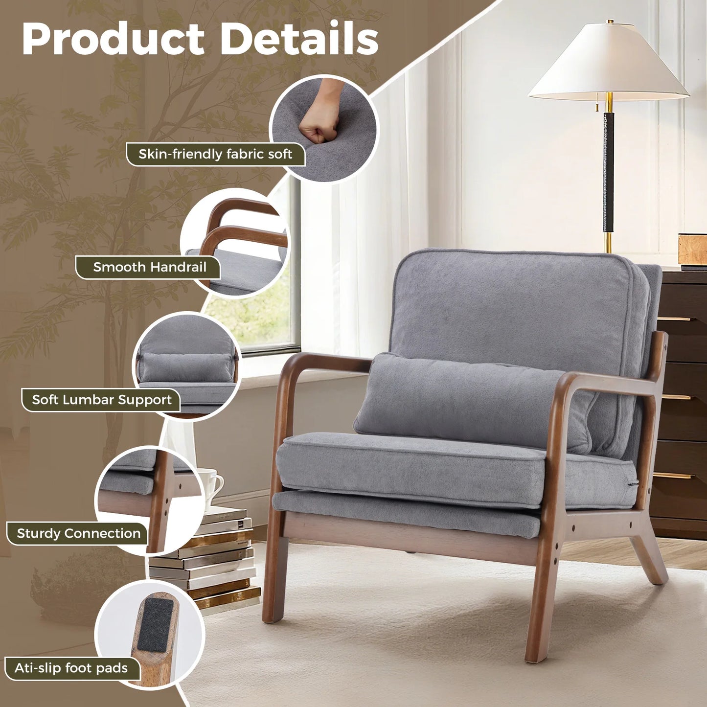 JHK Mid Century Modern Wooden Frame Accent Chair With Arms