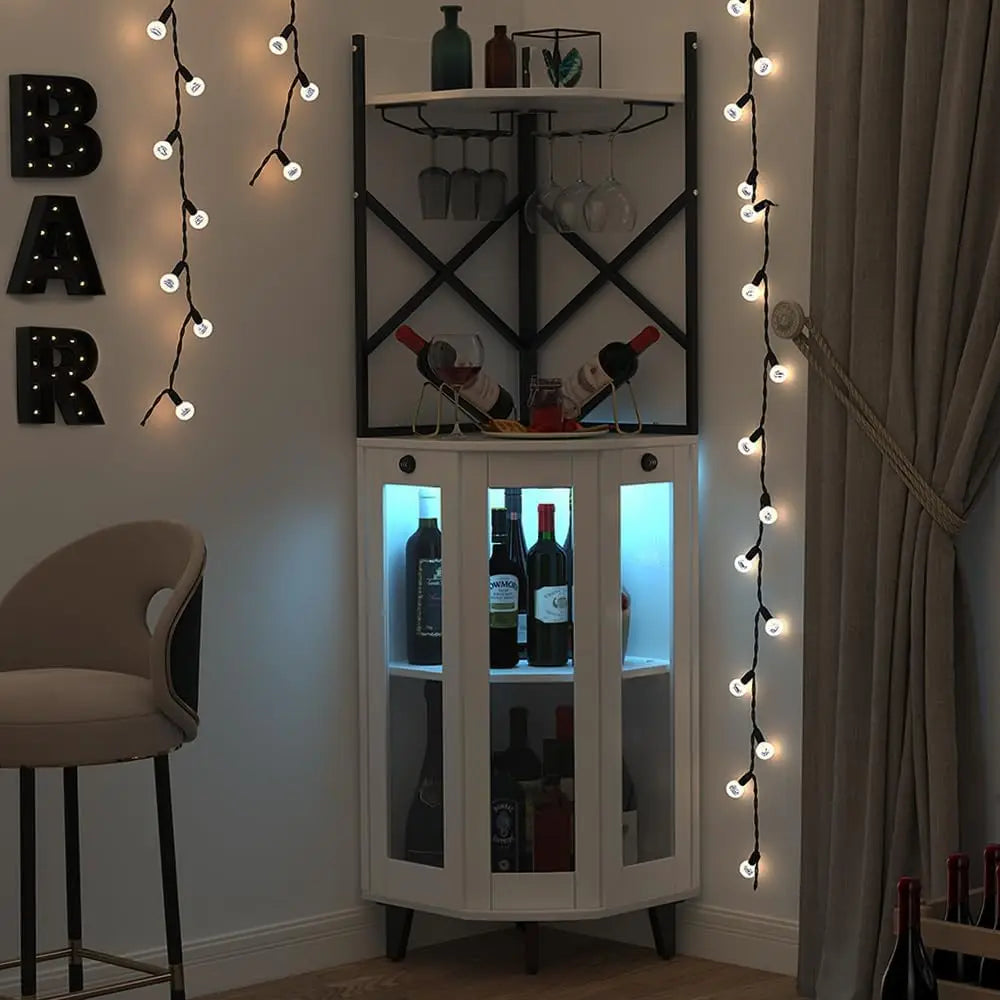 Corner Wine Cabinet With Lockable Glass Door And Led Lighting