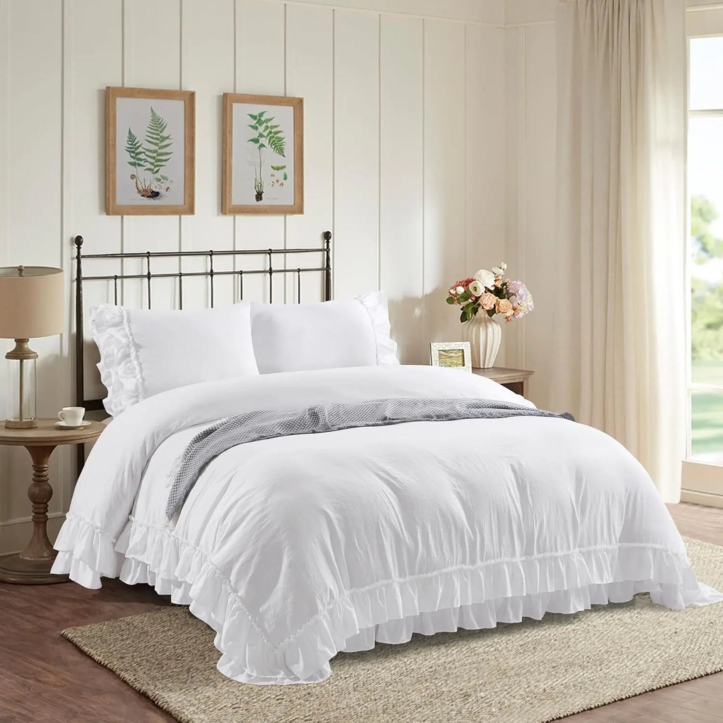 3 Piece Ruffled Duvet Cover Set Queen Farmhouse Ruffle Comforter Set Cozy Microfiber Bedding Set with 1 Ruffle Comforter and 2 Pillowcases