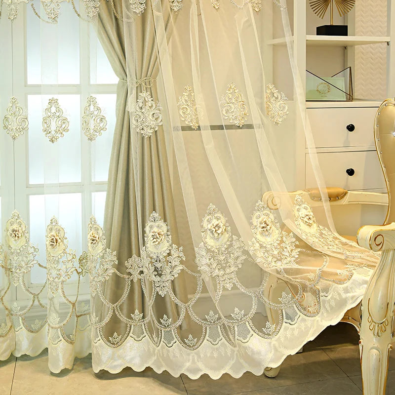 Elegant Double Layer Curtains With 3D Embroidered Detailing