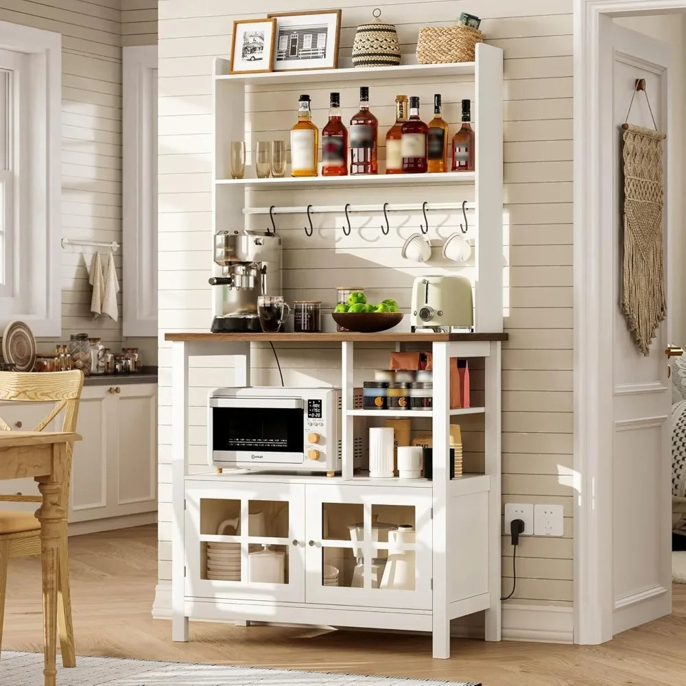 XMSJ Farmhouse Bakers Rack With Power Outlets And Storage
