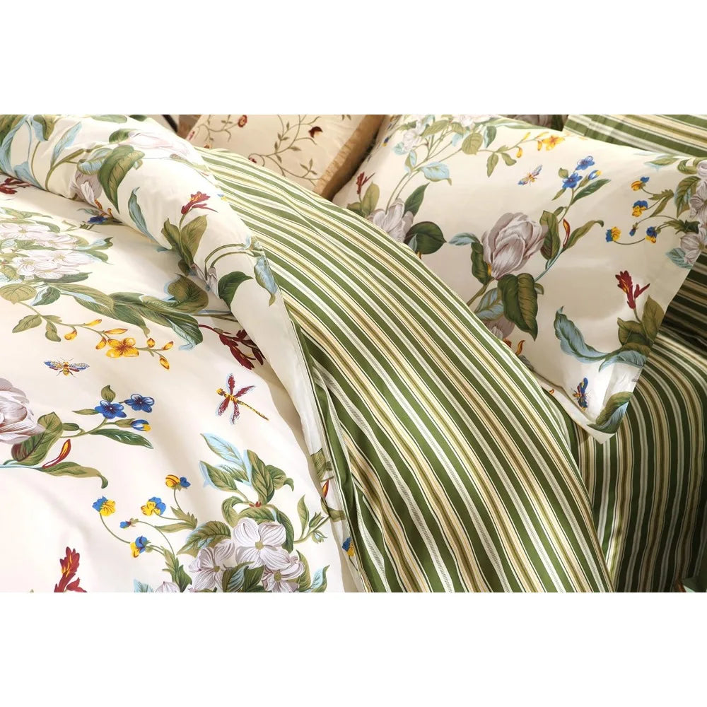 LuxuriouslySoftCottonWeave Striped Floral Duvet Cover Set Reversible Summer Bedding