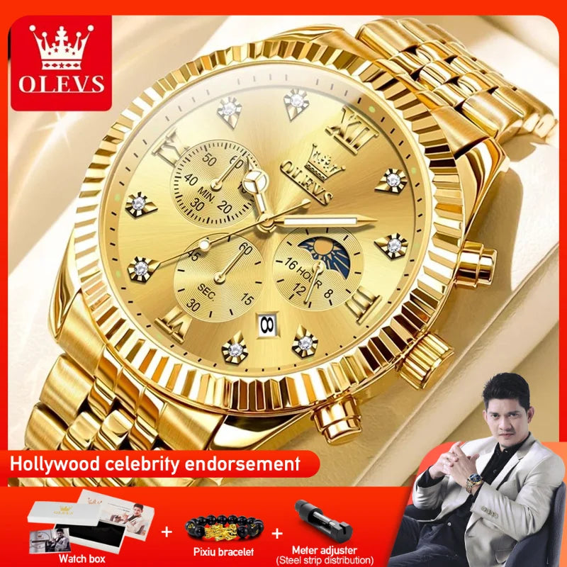 OLEVS Mens Luxury Calendar Quartz Watch with Moon Phase Feature
