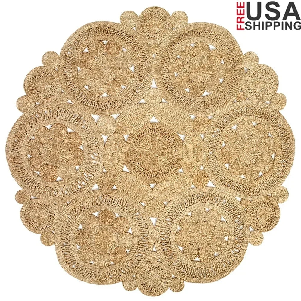 Intricately Interwoven JuteFiber Round Area Rug Handwoven Indoor Carpet Bohemian