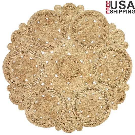 Intricately Interwoven JuteFiber Round Area Rug Handwoven Indoor Carpet Bohemian