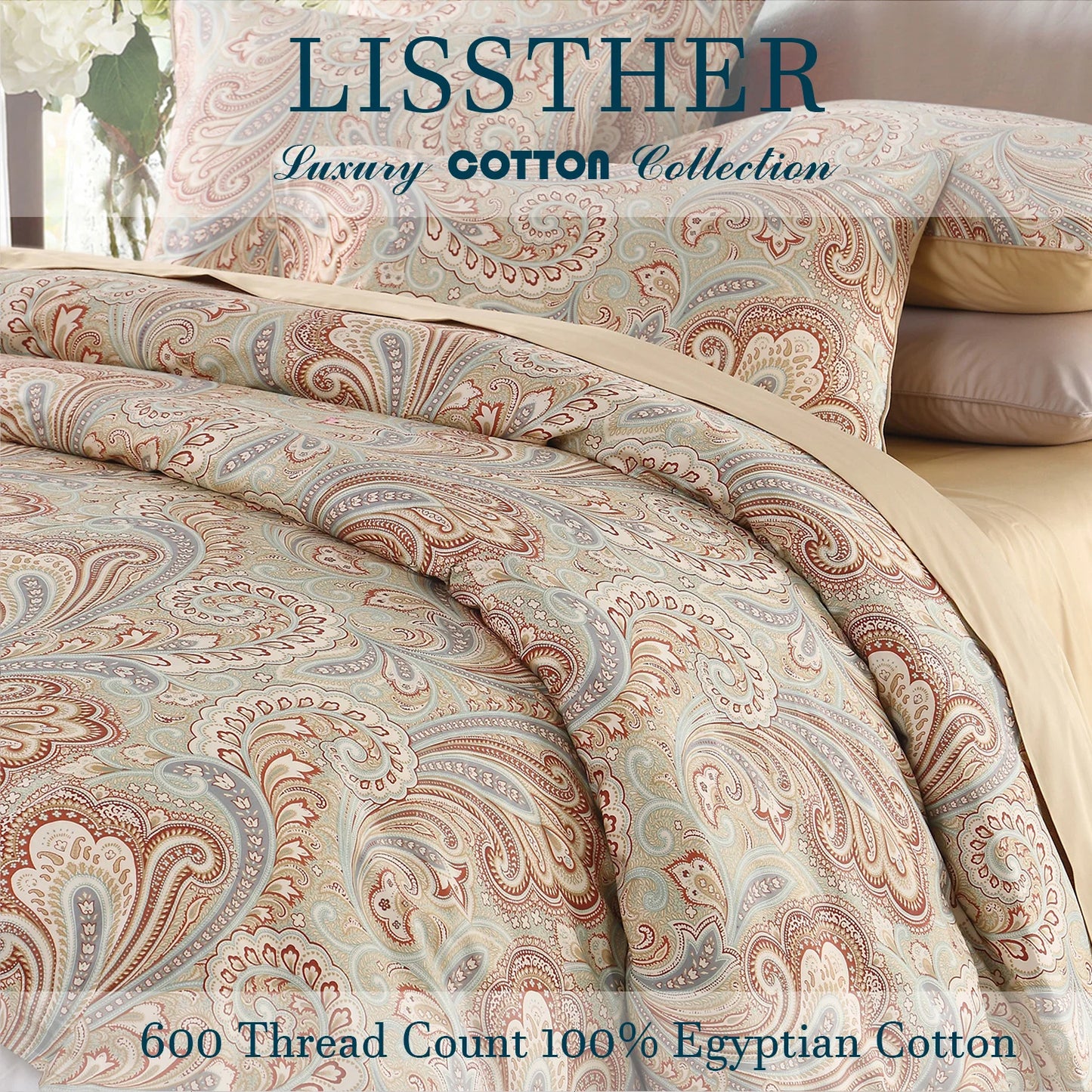 3 Piece 600TC 100 Percent Egyptian Cotton Duvet Cover Set Luxury Vintage Boho Paisley Bedding No Inserts