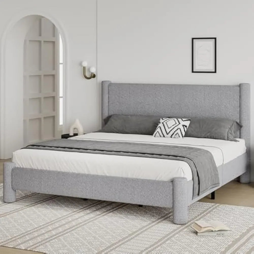 Boucle Upholstered Platform Bed With Headboard Footboard