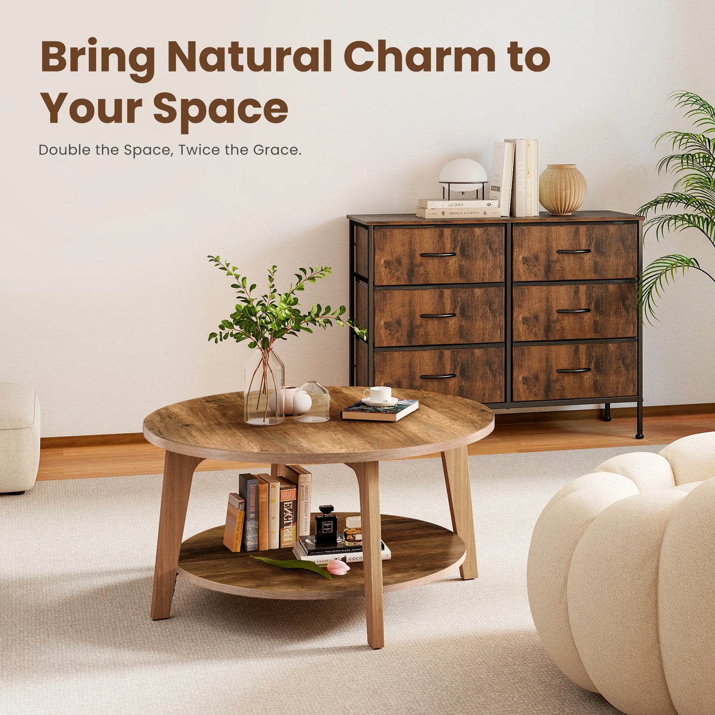 JHK Round Wood Coffee Table With Storage And Modern Design