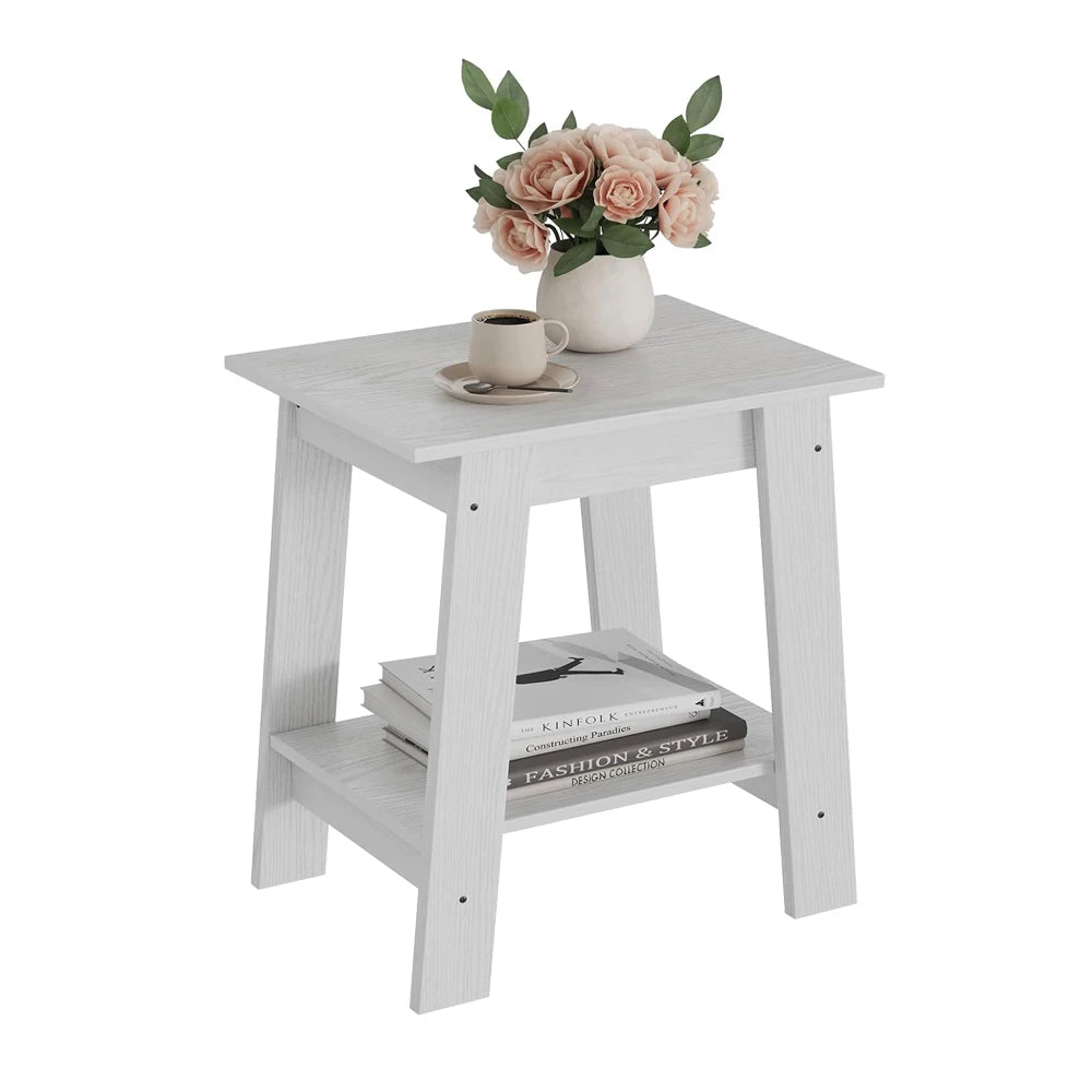 Wooden End Table And Nightstand With Two Tier Storage Shelf