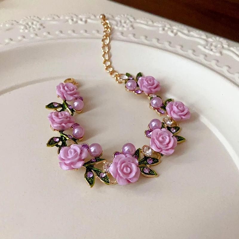Romantic Rose Jewelry Set Necklace Bracelet Earrings For Women Fashion