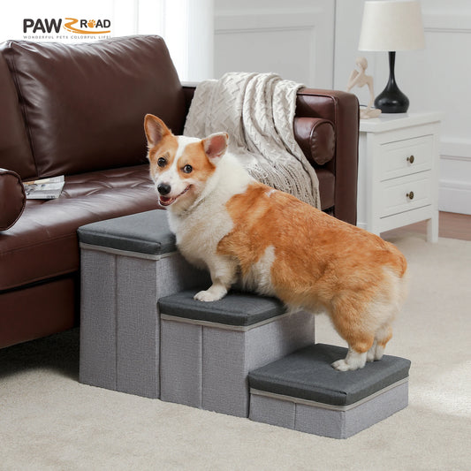 Three Tier Foldable Dog Stairs With Storage Non Slip Ramp