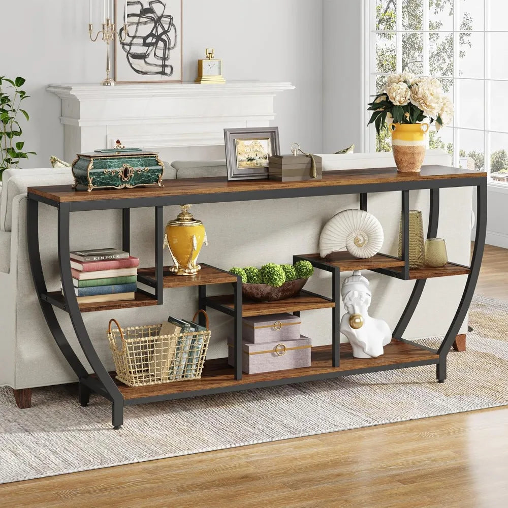 Rustic Industrial Sofa Table With Shelves And Storage