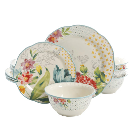 Blooming Bouquet Ceramic Dinnerware Set Twelve Piece Collection