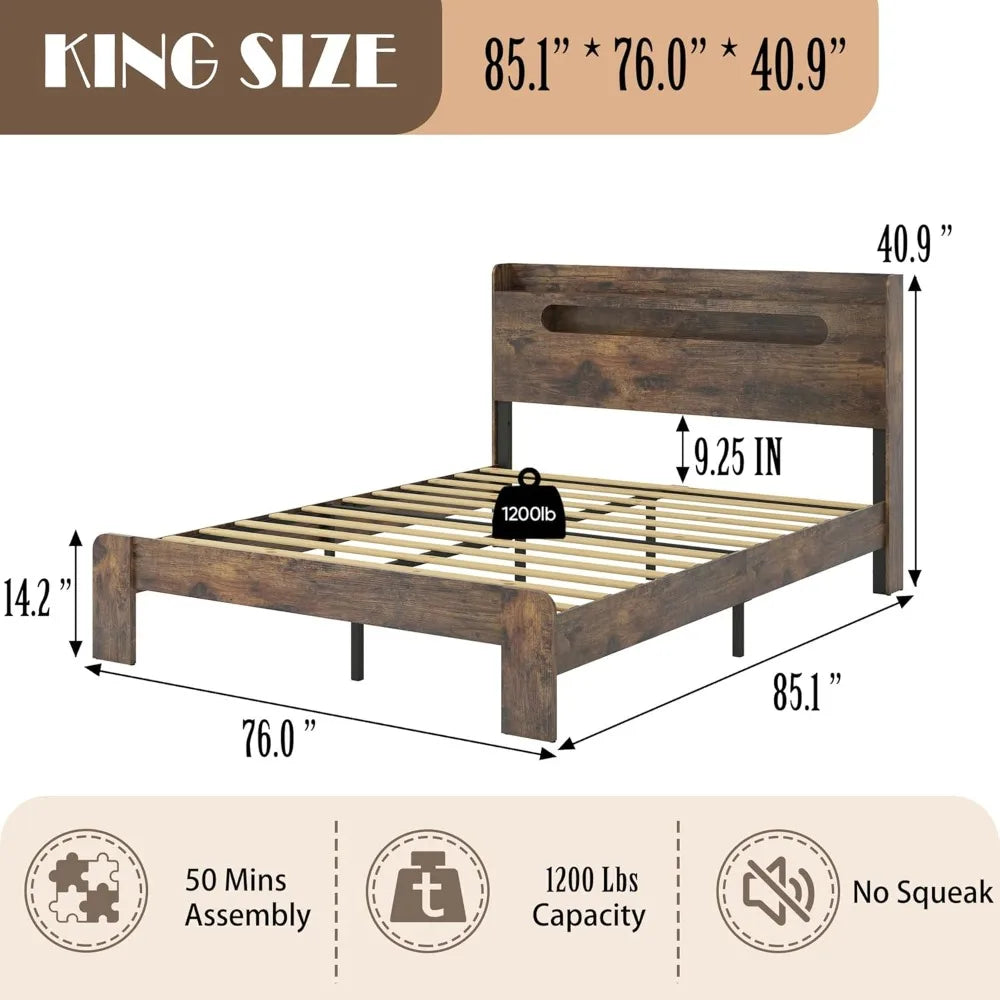 Wooden Storage Bed Frame With Headboard And Charging Station