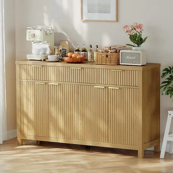 Fluted Buffet Sideboard With Drawers For Home Bar Storage