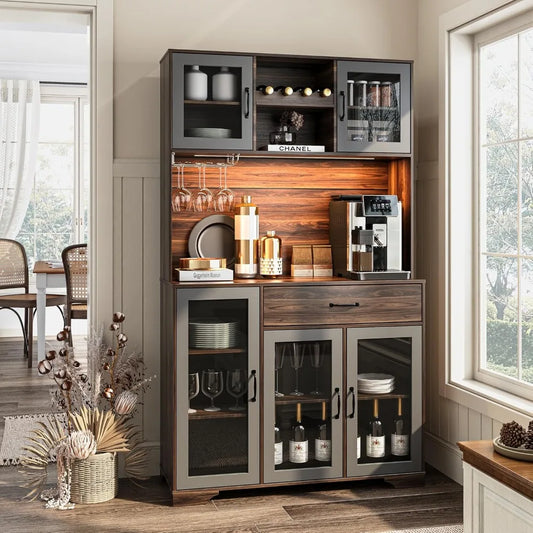 Rustic Coffee Bar Cabinet with Power Outlet and LED Lights